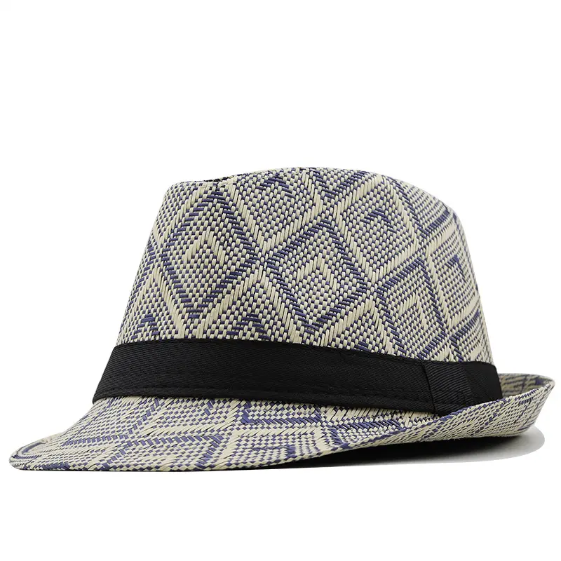 欧美新款男士礼帽 遮阳草编爵士帽 格子条纹英伦帽春夏透气帽