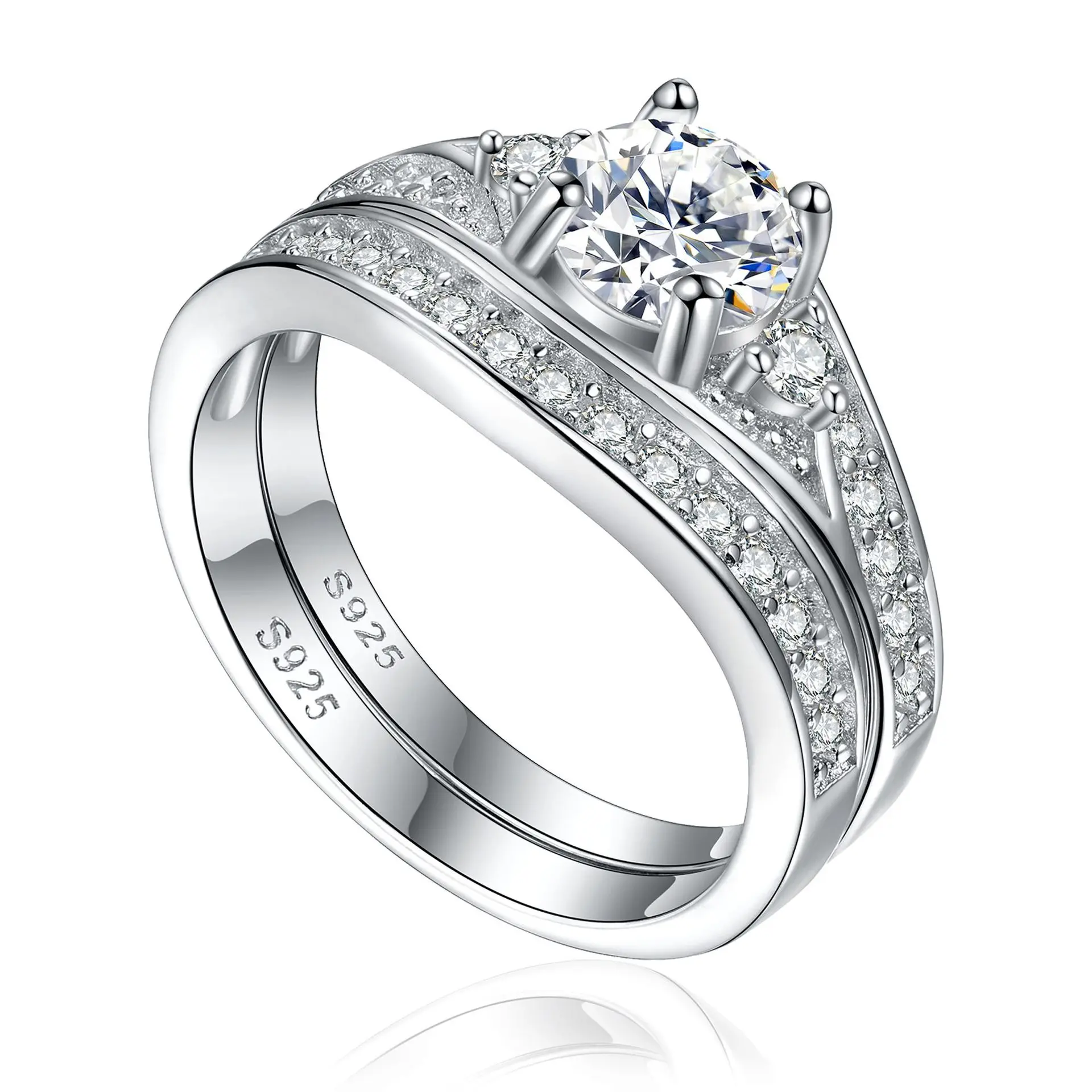 欧美银饰925银戒指女时尚锆石纯银戒指套装组合套戒2件套