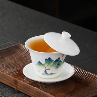 羊脂玉三才盖碗茶杯德化白瓷茶碗带盖单个大号功夫茶具家用泡茶碗