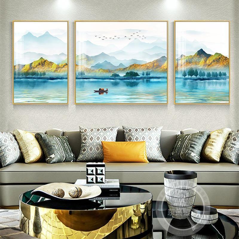 客厅装饰画简约沙发背景挂画新中式山水风景壁画招财鹿轻奢晶瓷画