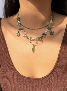 欧美饰品新中式复古月亮锆石项链薄荷漫波风绿叶甜酷叠戴项链