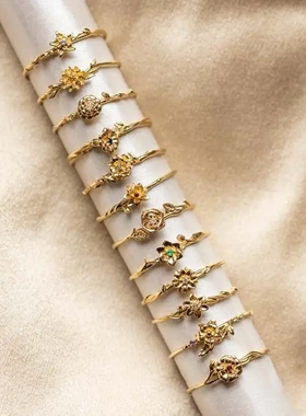 十二月戒指 复古风开口戒指可调节12月花生辰石戒指铜嵌锆石