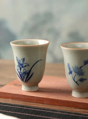中式哥窑开片杯家用茶桌茶台品茗杯梅兰竹菊彩绘四君子茶盏