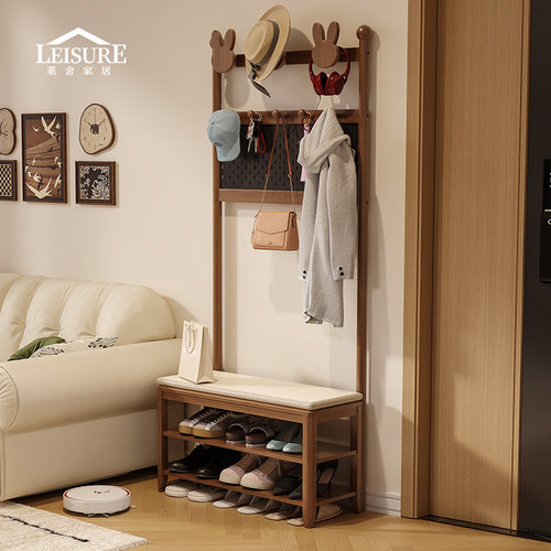 全实木换鞋凳家用入户衣帽架一体