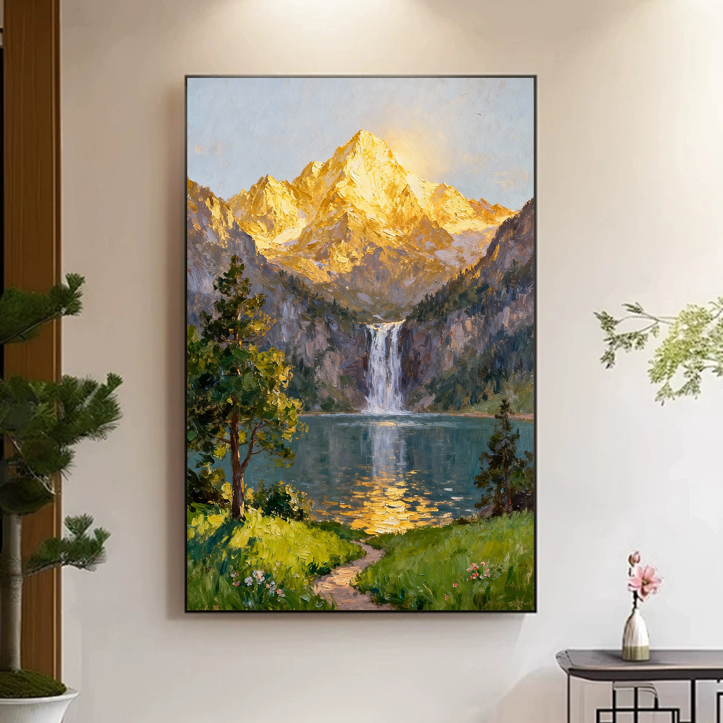 纯手绘油画日照金山聚宝盆风景画招财吉祥寓意挂画客厅书房山水画