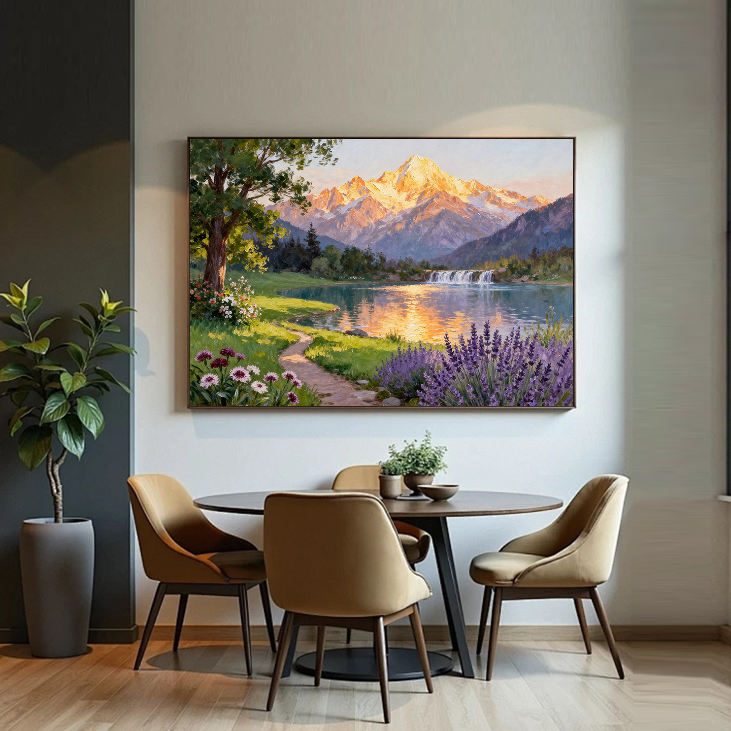 纯手绘油画新中式日照金山聚宝盆风景画客厅餐厅田园山水艺术挂画