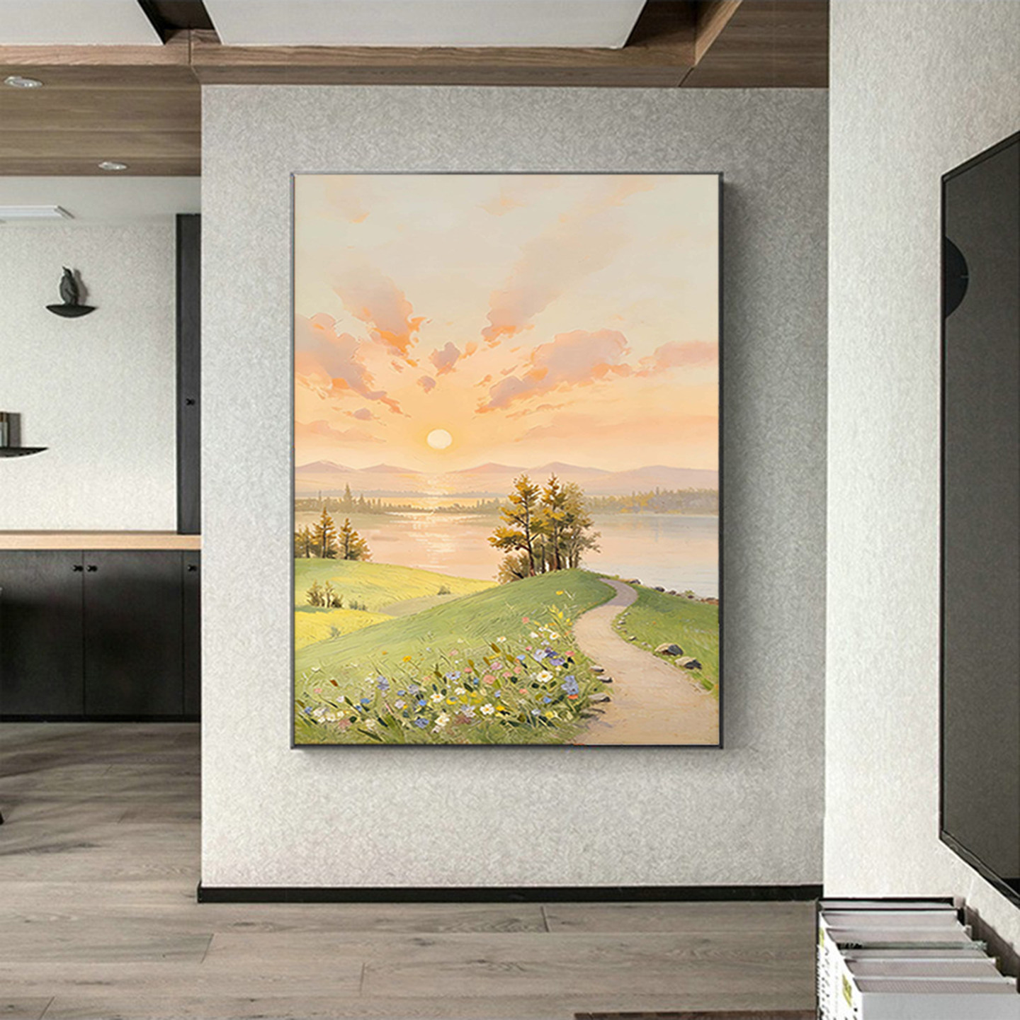 可班手绘油画漫野花草入户装饰画