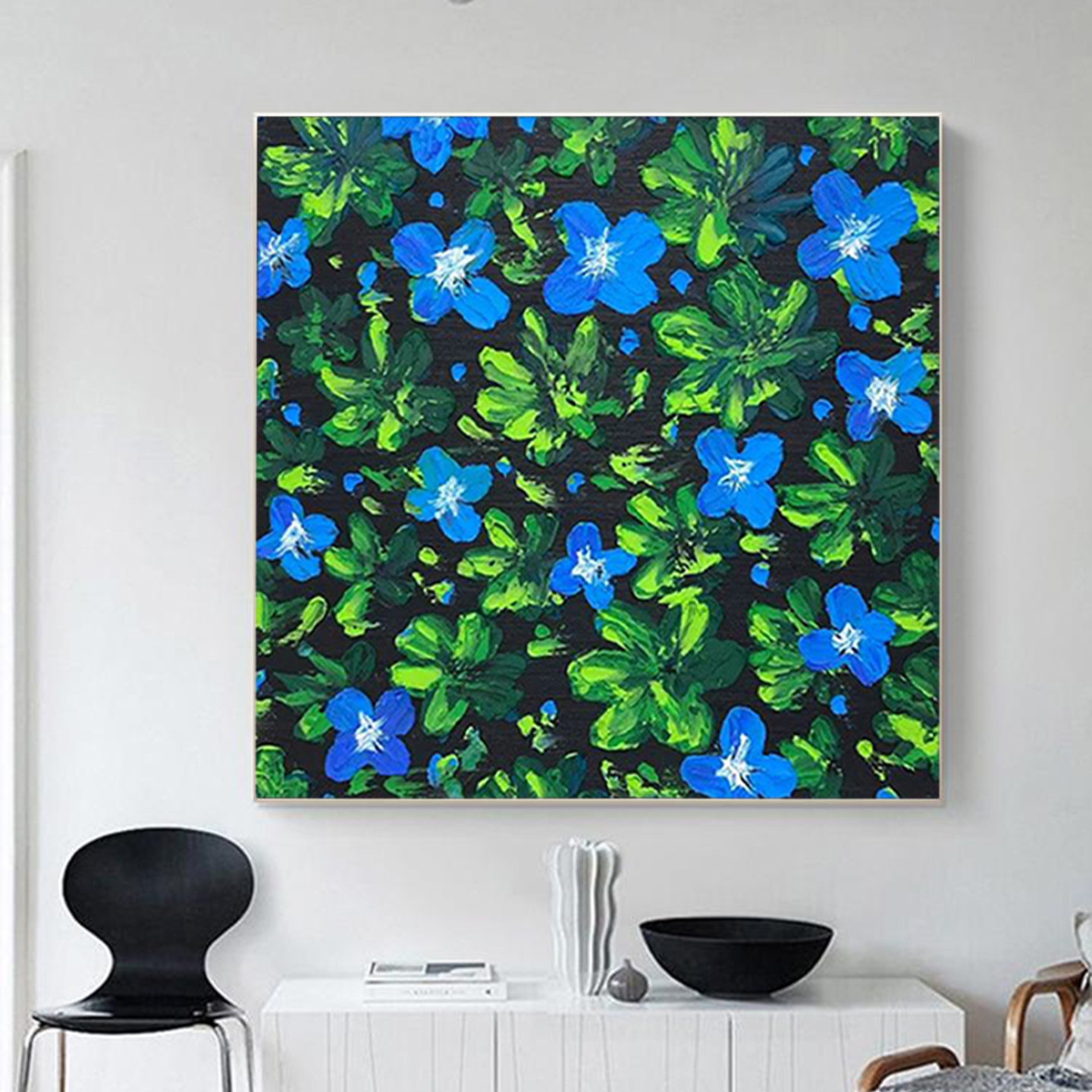 可班手绘油画蓝花绿植轻奢装饰画