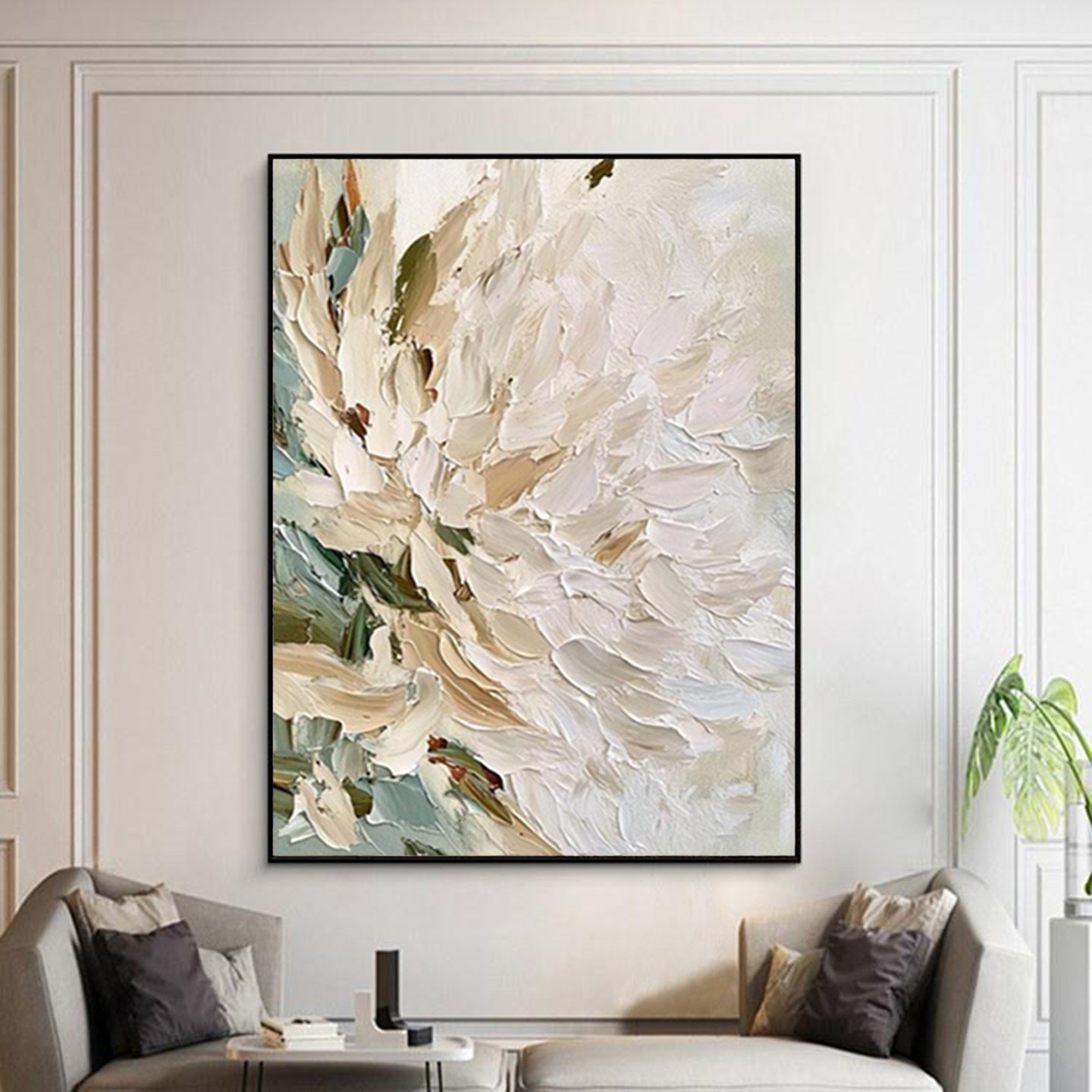 手绘油画素雅白花简约治愈装饰画