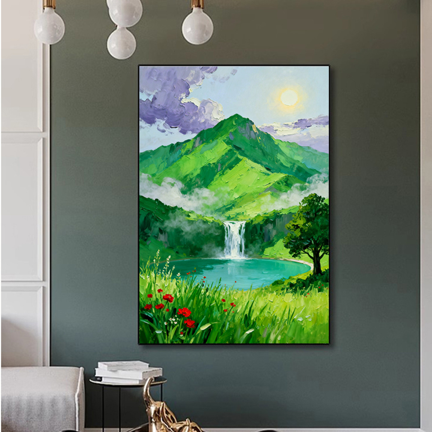 可班手绘油画紫气东来风景画