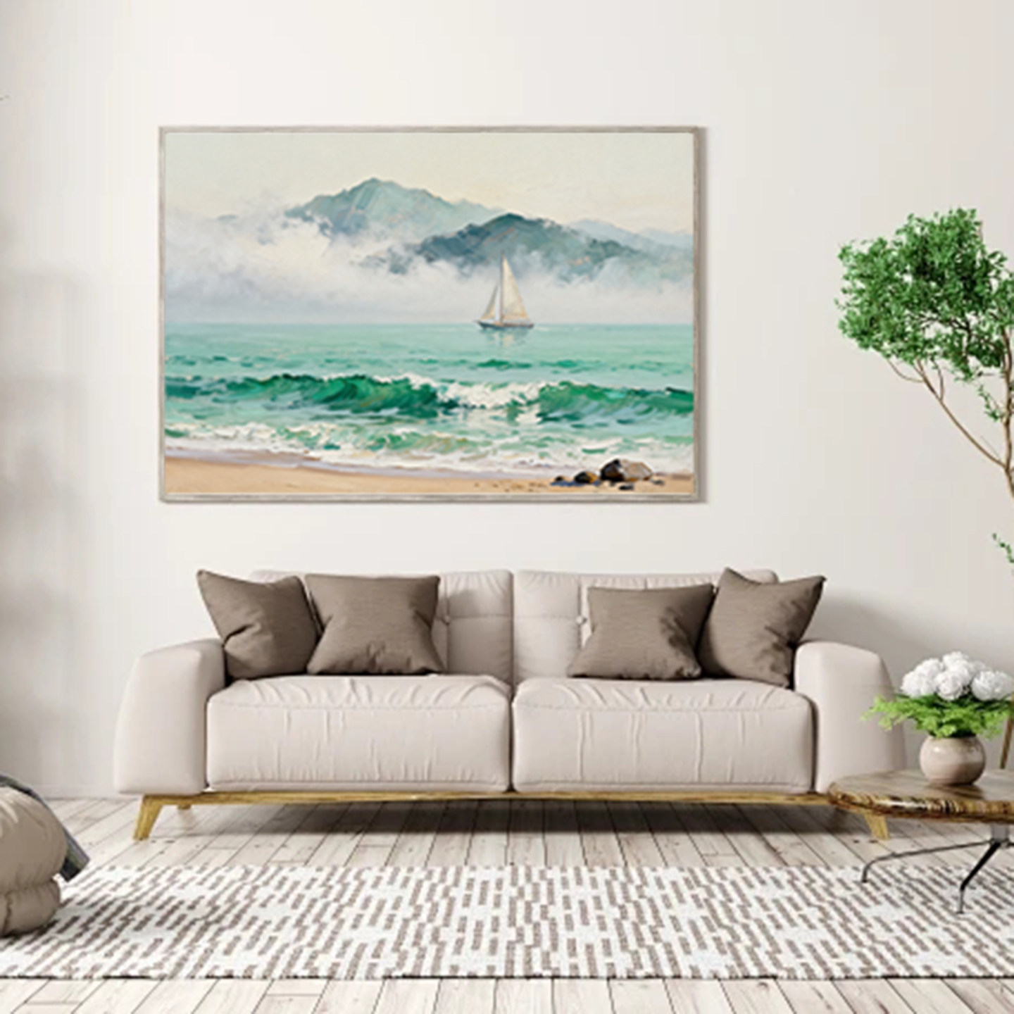 可班手绘油画海边帆船客厅装饰画