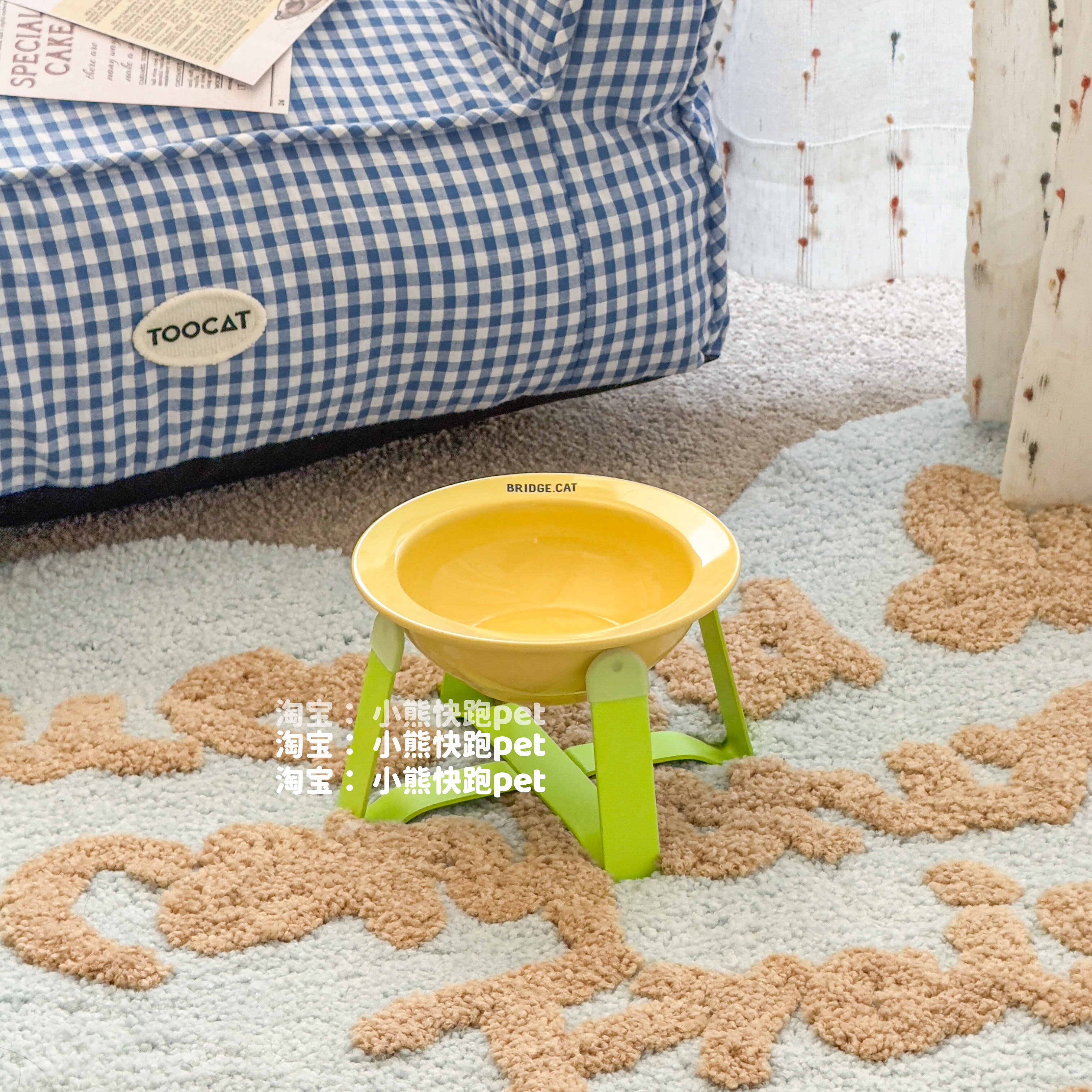 BD猫碗小狗碗猫条猫狗粮碗宠物餐具ins宠物碗陶瓷飞碟+荧光绿支架