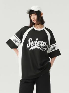 S.view学院风字母星星图案宽松圆领落肩纯色休闲短袖T恤男女同款