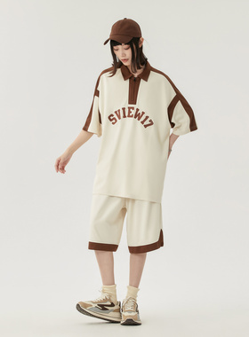 Sview 学院风宽松落肩POLO衫翻领短袖T恤短裤五分裤套装 男女同款