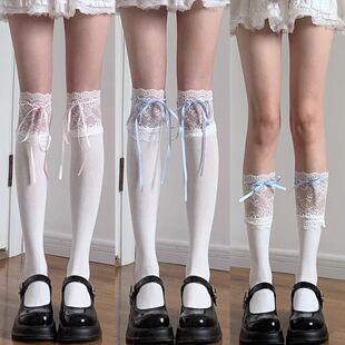 芭蕾风蓝色系带蝴蝶结过膝袜蕾丝花边春秋薄款 天鹅绒日系JK小腿袜