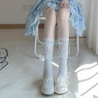 White lace-trimmed sweet calf socks for women, mid-calf Lolita, cute tied ribbon knee-high socks for slimming legs, Japanese style thumbnail 2