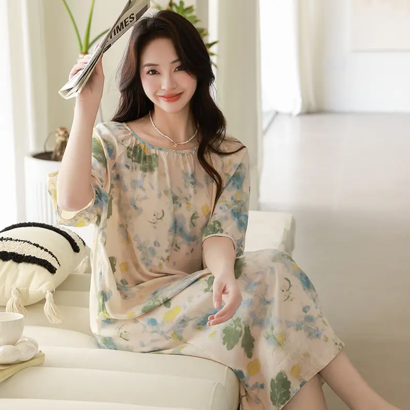 夏季棉绸睡裙女薄款大码中袖连衣裙宽造棉睡衣外穿妈妈款长裙
