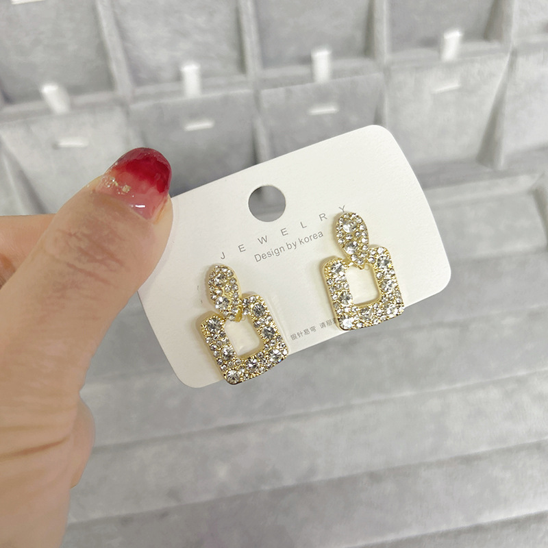 925银针韩国新款超闪镶钻几何形耳环女in潮轻奢小众耳钉