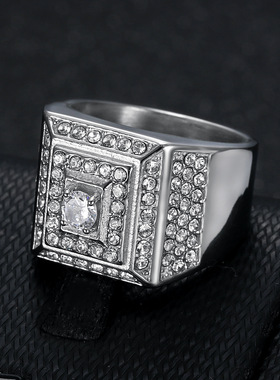 欧美爆款嘻哈夜店指环 钛钢镀金镶A锆石HIPHOP男士戒指
