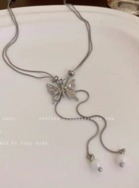 时尚锆石珍珠流苏可调节抽拉式项链网红个性锁骨链冷淡风项饰