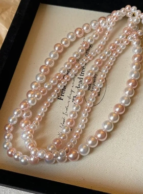 法式轻奢粉色拼色珍珠项链名媛时尚设计锁骨链复古轻奢高级感项饰