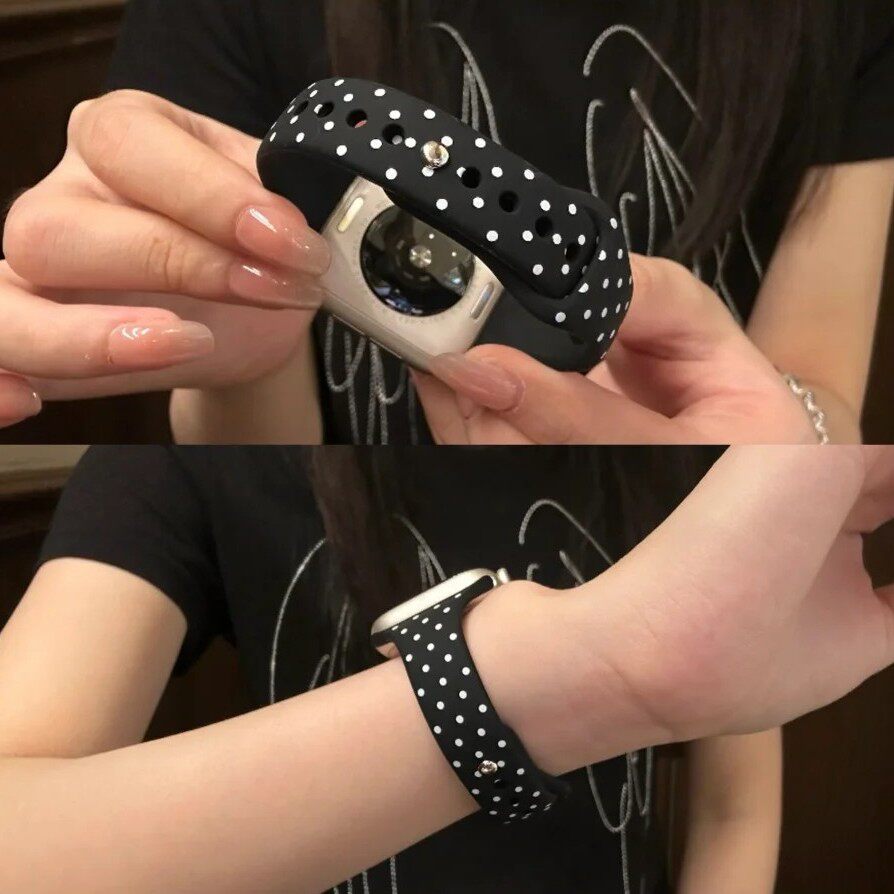 适用iWatchs11代高级韩女小蛮腰波点液态硅胶表带运动防汗苹果s10创意applewatchS9876se3通用女款Ultra3夏天
