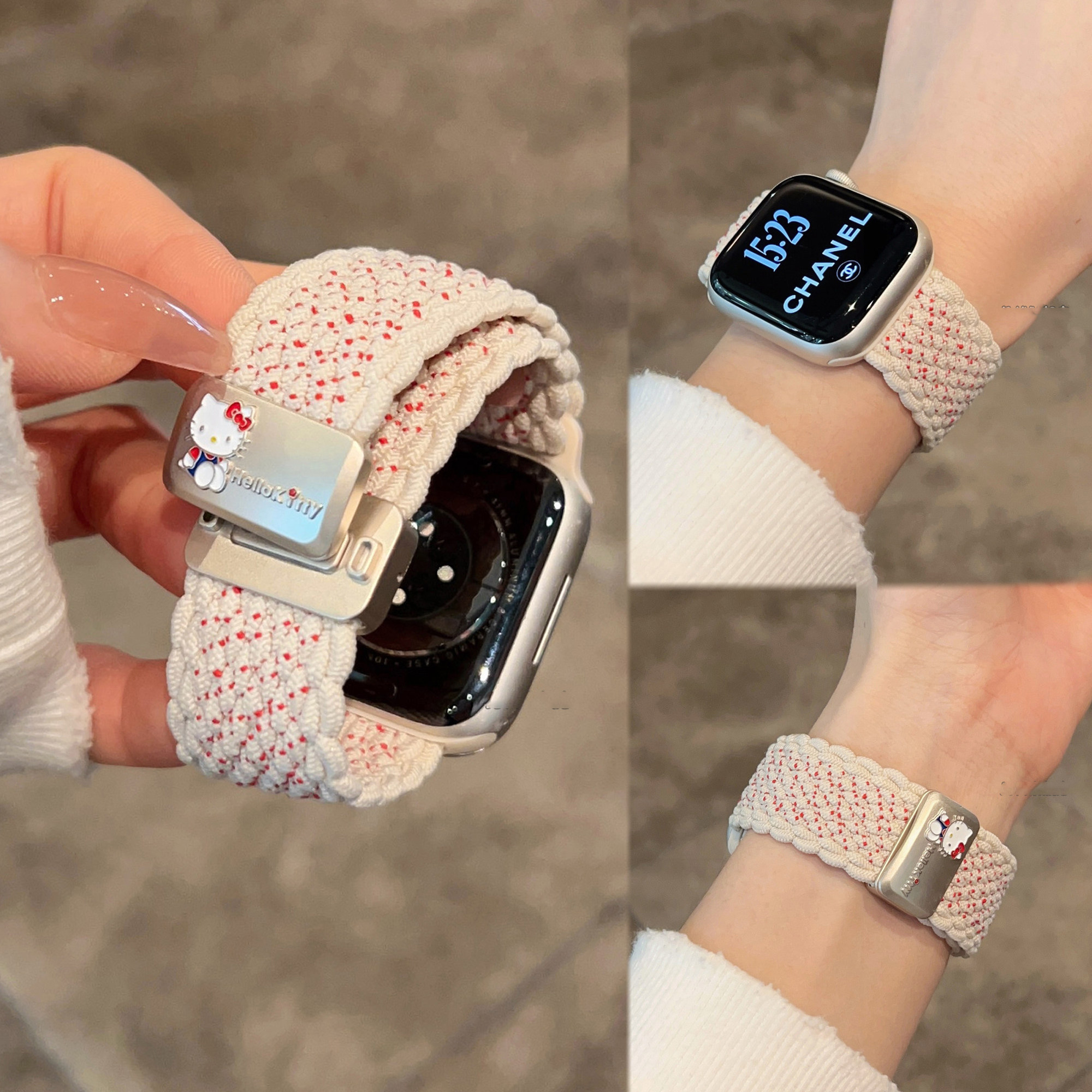 适用iWatchs11新款华为FIT5浮雕KT猫弹力尼龙编织磁吸表带苹果s10S98SE防汗FIT4/3小米10Pro红米watch6/5透气