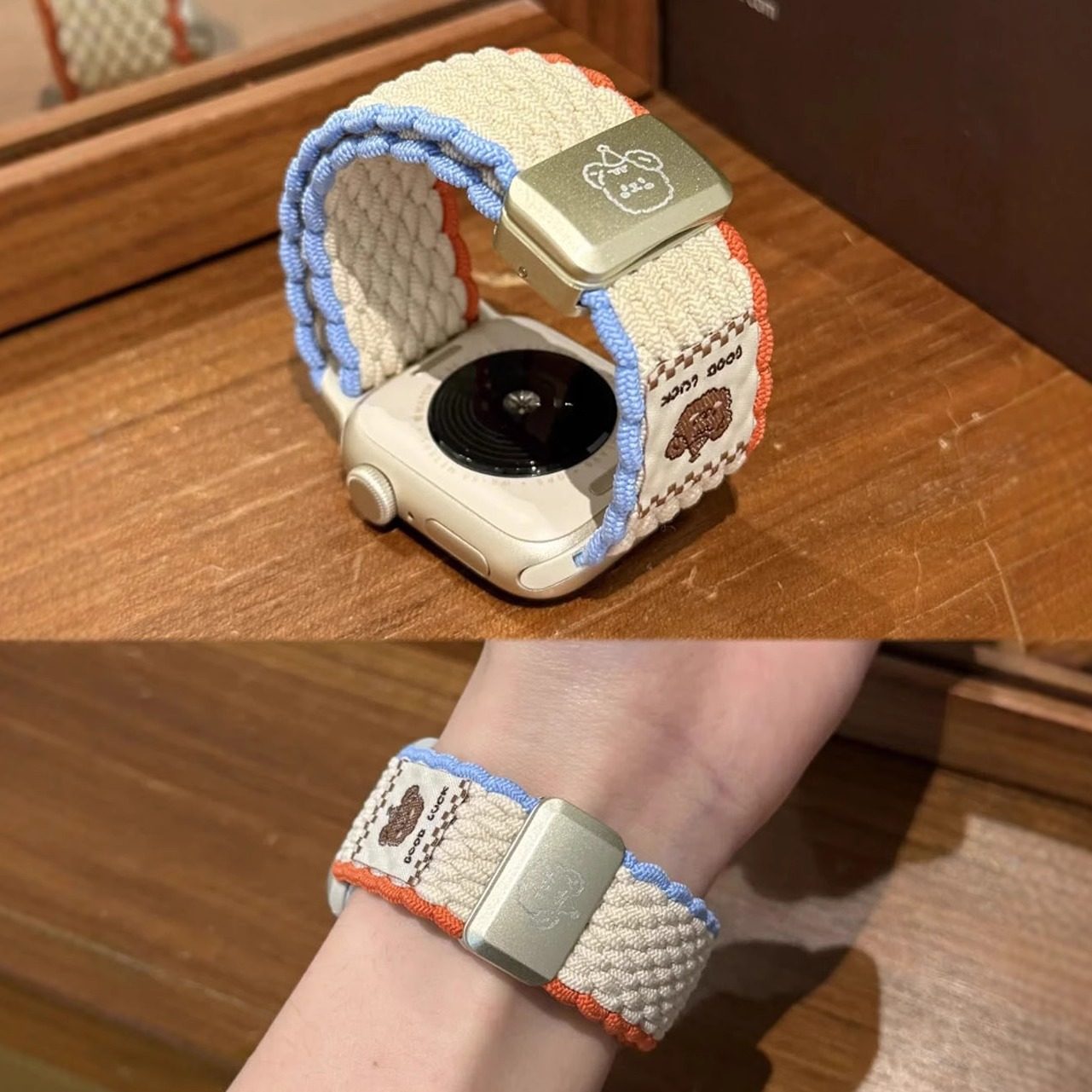 适用iWatchs11代新款礼帽小熊尼龙编织苹果手表s10磁吸表带透气弹力applewatchS9876春夏SE可爱Ultra智能柔软