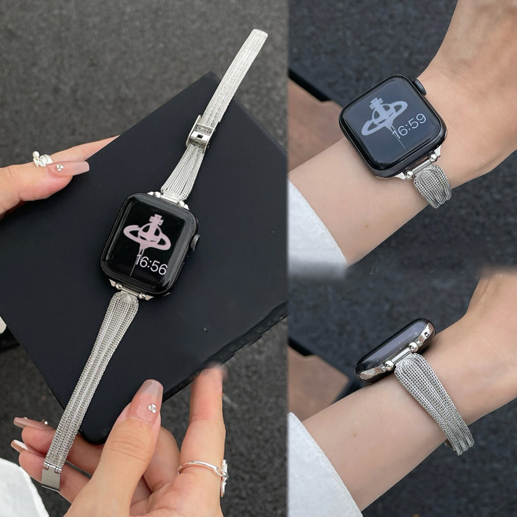 适用iWatchs11代华为FIT5高级不锈钢小蛮腰金属蝴蝶扣表带苹果手表s1098se创意FIT43小米9Pro透气红米6/5夏天
