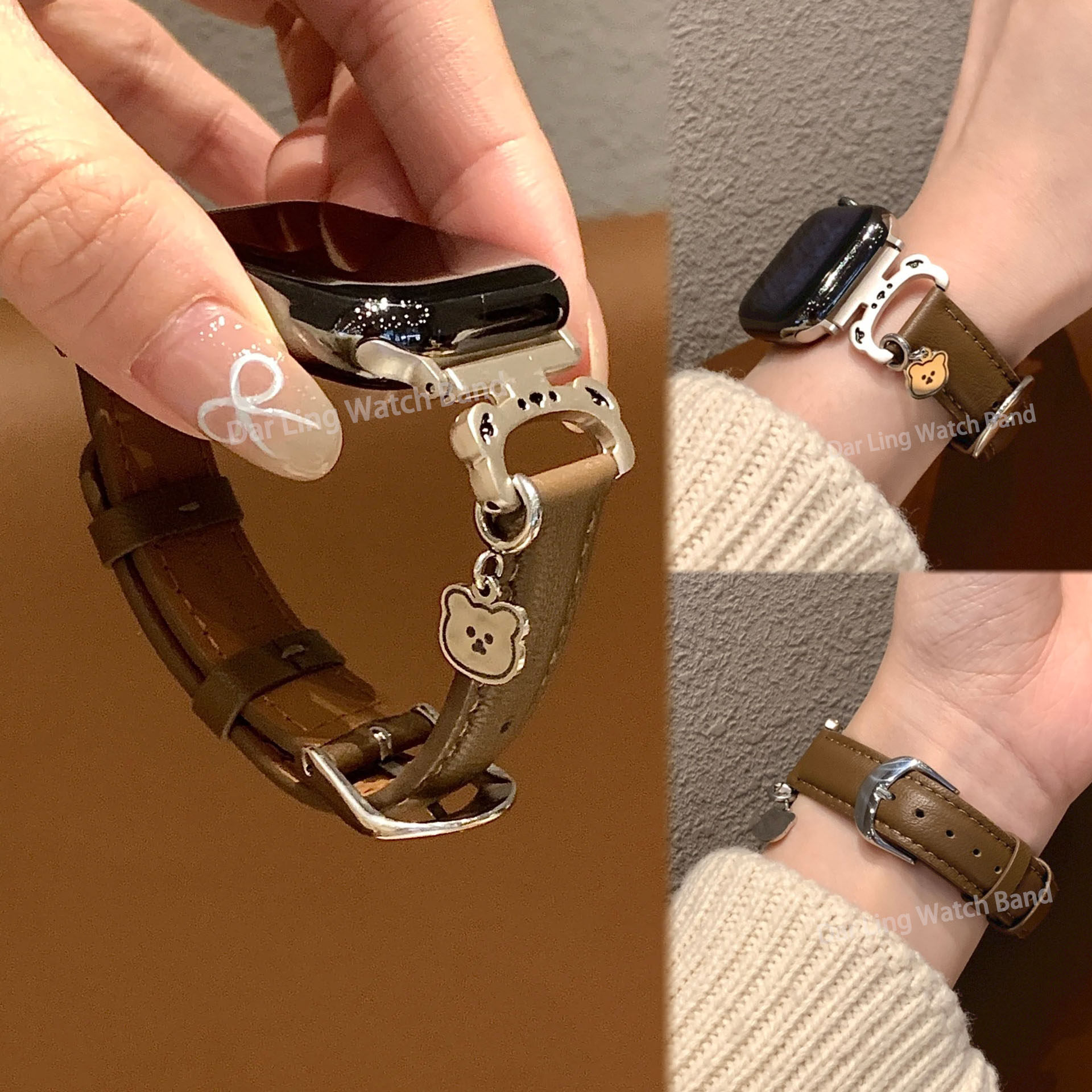 适用华为FIT5新款Fit3金属小熊扣吊坠皮质表带iWatchs11苹果s10智能Fit4Pro小米9Pro高级8Pro红米watch54创意