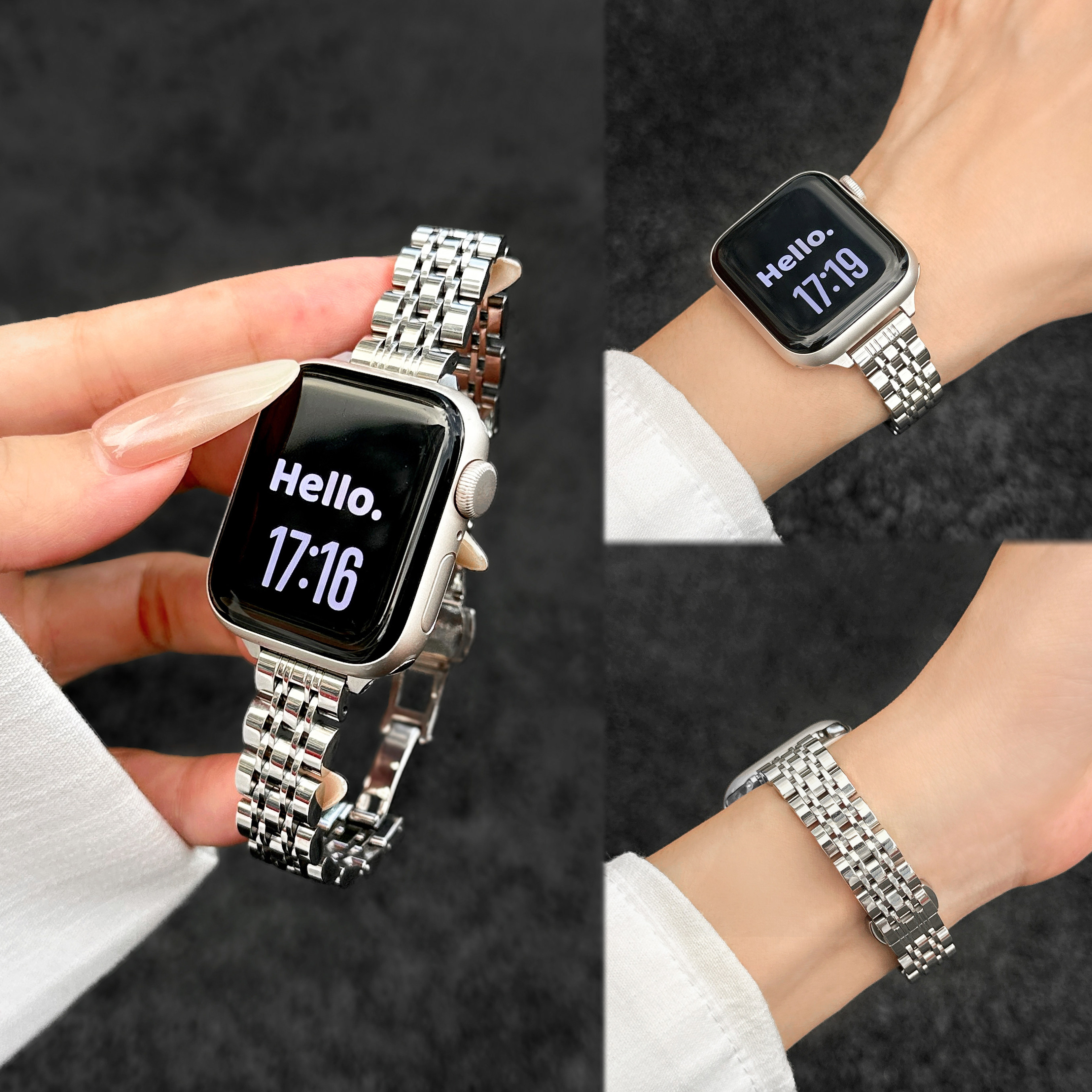 适用iWatchs11高级感七株金属钢带蝴蝶扣表带苹果s10手表ApplewatchS98se华为FIT4气质小米9Pro红米6夏天商务