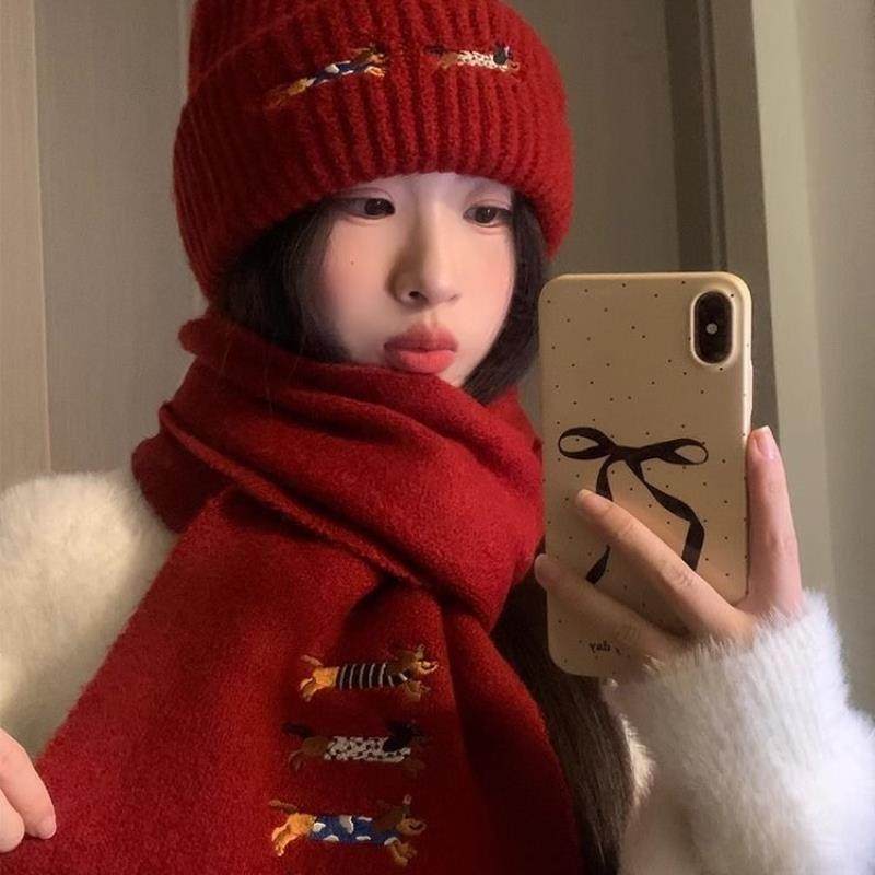 红色韩版可爱腊肠狗毛线帽女冬季百搭帽子围巾两件套保暖针织围脖,服饰配件/皮带/帽子/围巾,帽子,淘宝优惠券,粉丝福利购,淘宝优惠卷