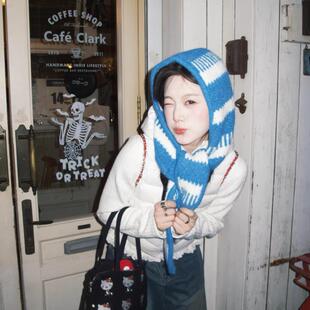 拼色条纹巴拉克拉法帽子女秋冬保暖护耳围脖一体式韩里韩气的帽子