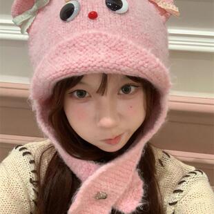 翻檐秋冬日系敲可爱立体耳朵针织帽子女款显脸小含保暖护耳小熊帽