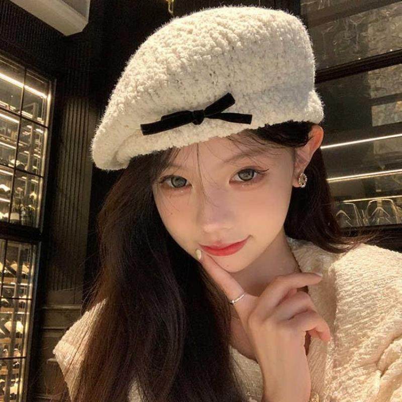 日系小众蝴蝶结毛绒贝雷帽女秋冬季甜美白色画家帽miu里miu气帽子,服饰配件/皮带/帽子/围巾,帽子,淘宝优惠券,粉丝福利购,淘宝优惠卷