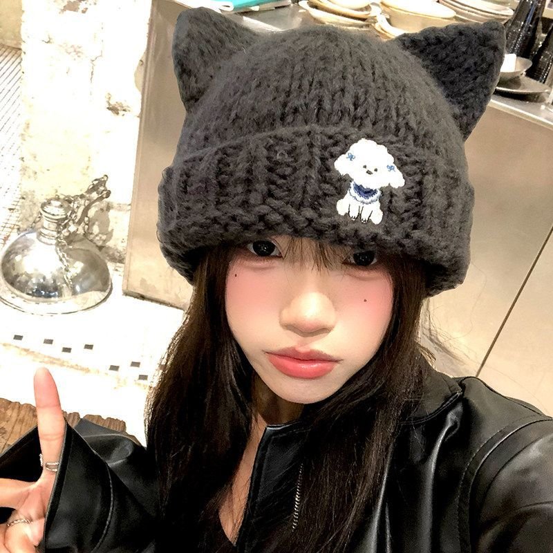 可爱卡通猫耳朵小狗刺绣针织帽女