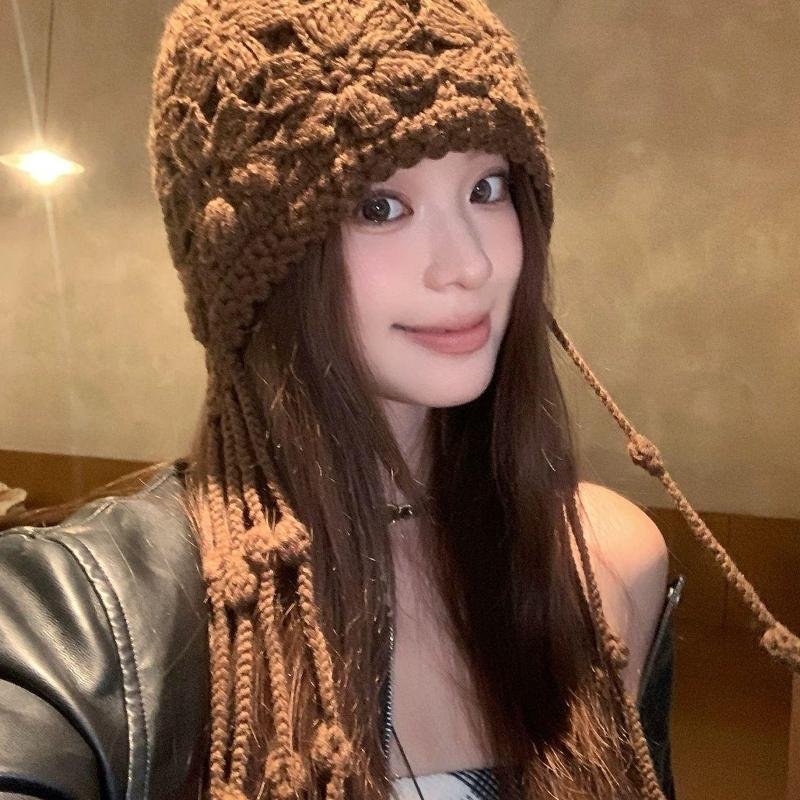 流苏手工编织包头花朵保暖帽