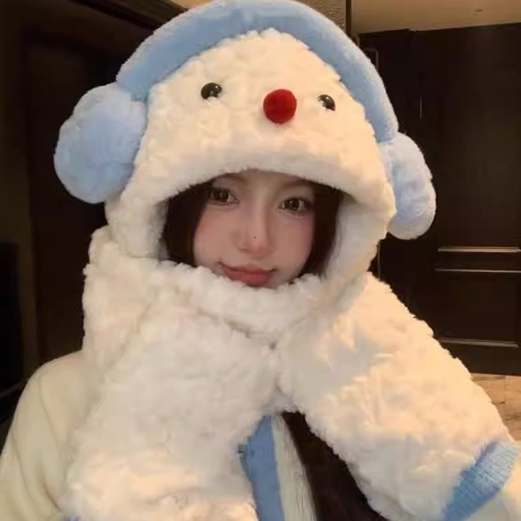 可爱雪人耳机毛绒帽子围巾一体2025女冬季保暖护耳东北滑雪雷锋帽