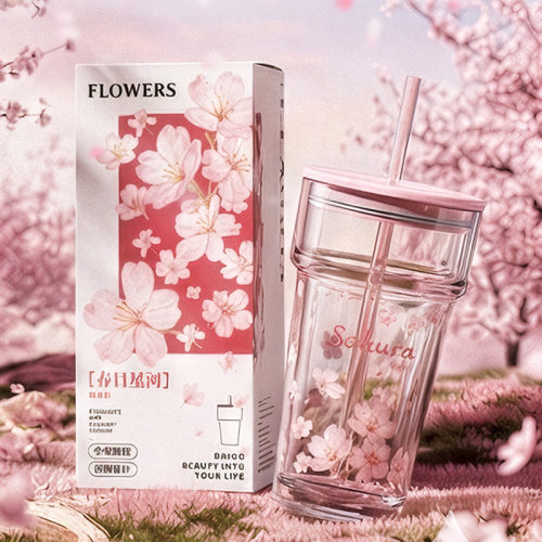 春日高颜值ins风玻璃杯樱花女生