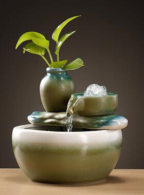 中式禅意陶瓷财源滚滚流水摆件窑变绿造景装饰循环假山出水加湿器