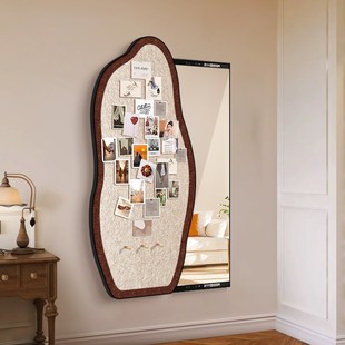 中古风玄关隐藏式全身镜diy毛毡板照片墙卧室推拉装饰隐身镜子画