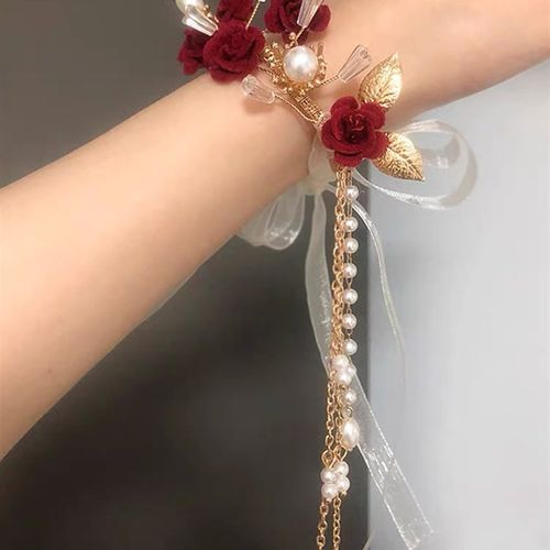 酒红色新娘手链小玫瑰高端丝绒喜庆珍珠流苏水晶伴娘结婚礼手腕花