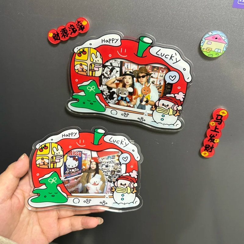 圣诞新年红苹果秋冬雪人姜饼人磁吸冰箱贴亚克力相框照片小卡展示