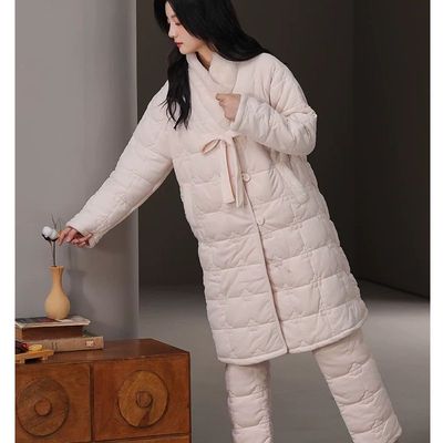 冬季珊瑚绒睡衣女睡袍简约韩版加绒加厚三层夹棉家居服套装