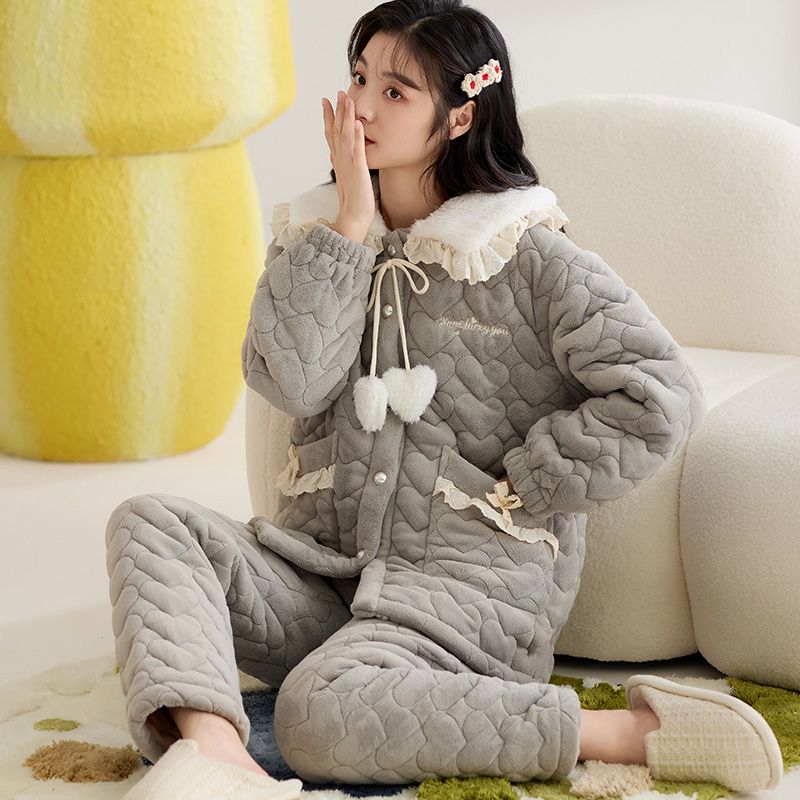 2025冬季三层夹棉雪花绒开衫翻领简约休闲加绒加厚保暖家居服套装