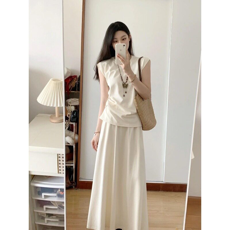 法式盐系穿搭套装裙女夏装搭配一整套时尚无袖上衣半身长裙两件套