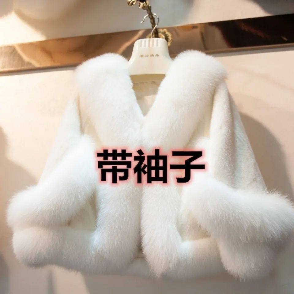 团队礼服带袖子貂皮冬新娘仿兔毛披肩婚纱旗袍皮草斗篷外套白色女
