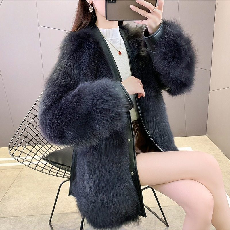 美拉德皮草外套女中长款V领海宁2023款冬季皮毛一体腰带加厚爆款