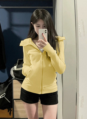 秋冬黄色外套女2025新款修身收腰短款小个子春季卫衣穿搭瑜伽上衣