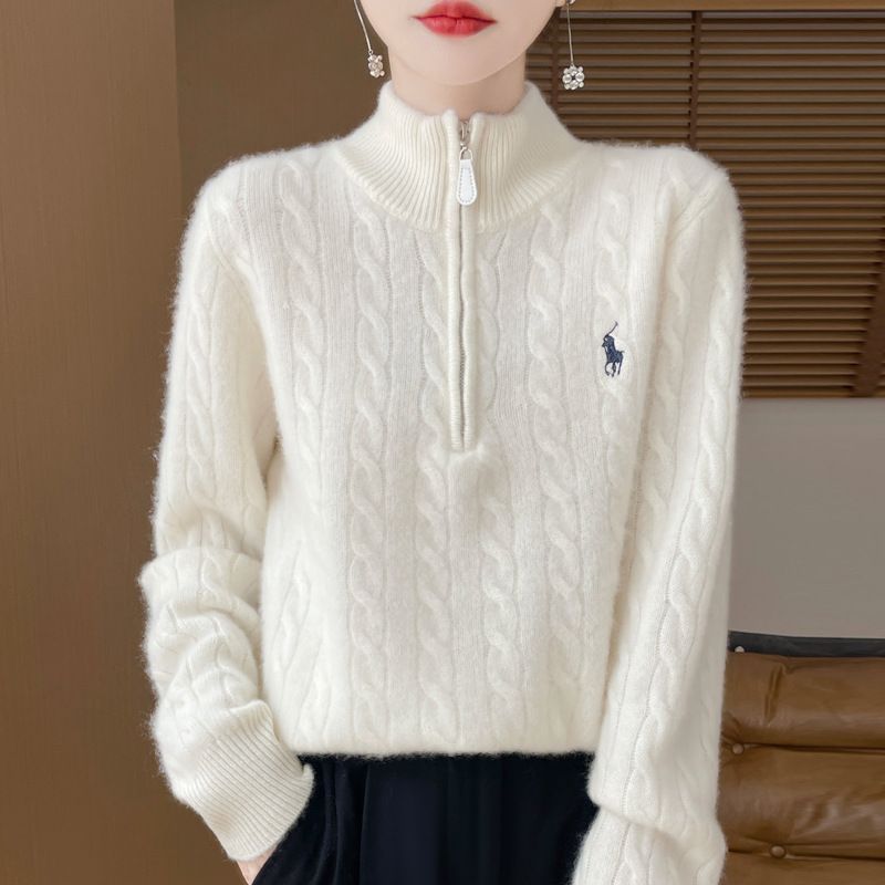 加厚洋气纯羊毛衫女立领拉链纯色套头毛衣秋冬宽松休闲打底衫女